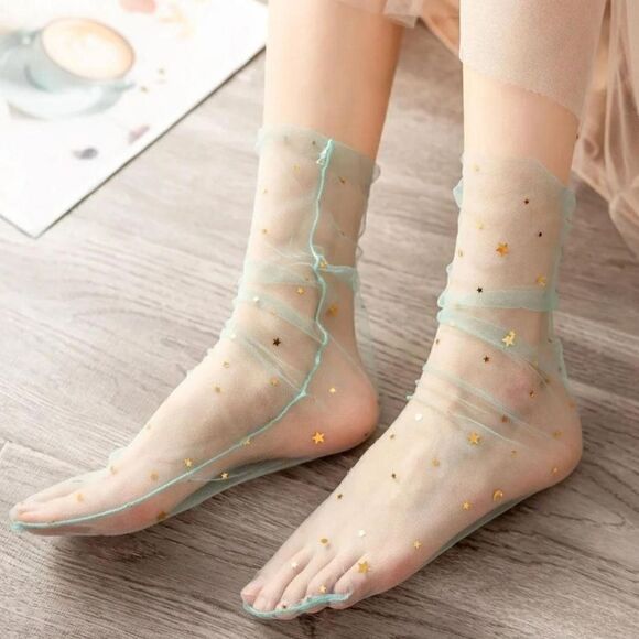 2/$20 Brand New Light Grey Lace With Stars Stocking Tights Socks - Picture 4 of 8